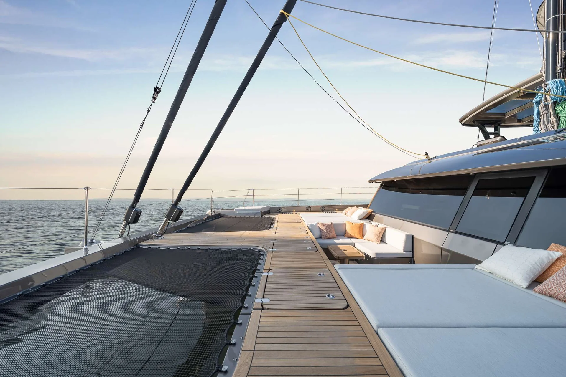 AHALYA foredeck lounge with seating overlooking the sea