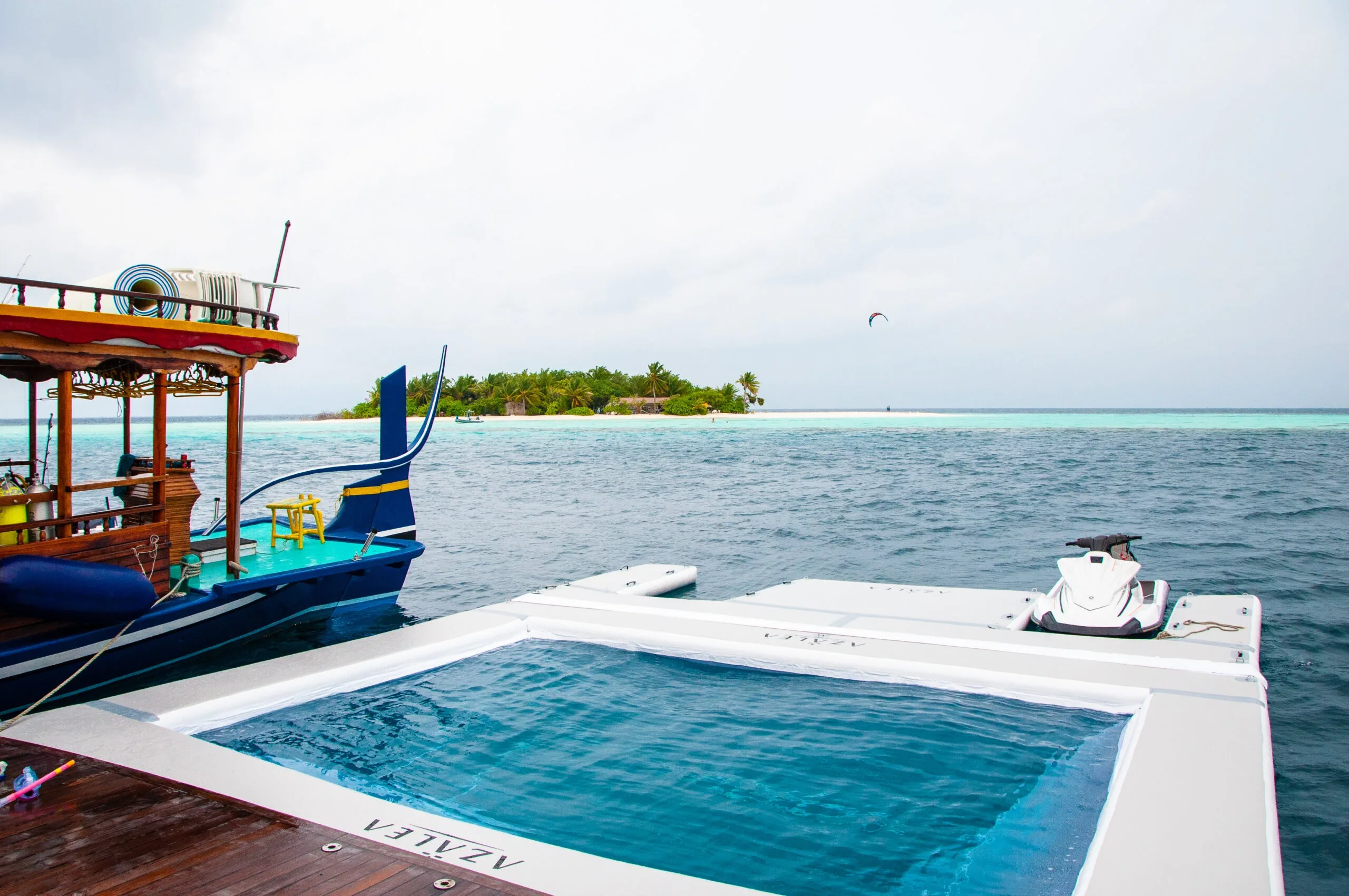 Swim platform and tender beside AZALEA yacht in the Maldives.