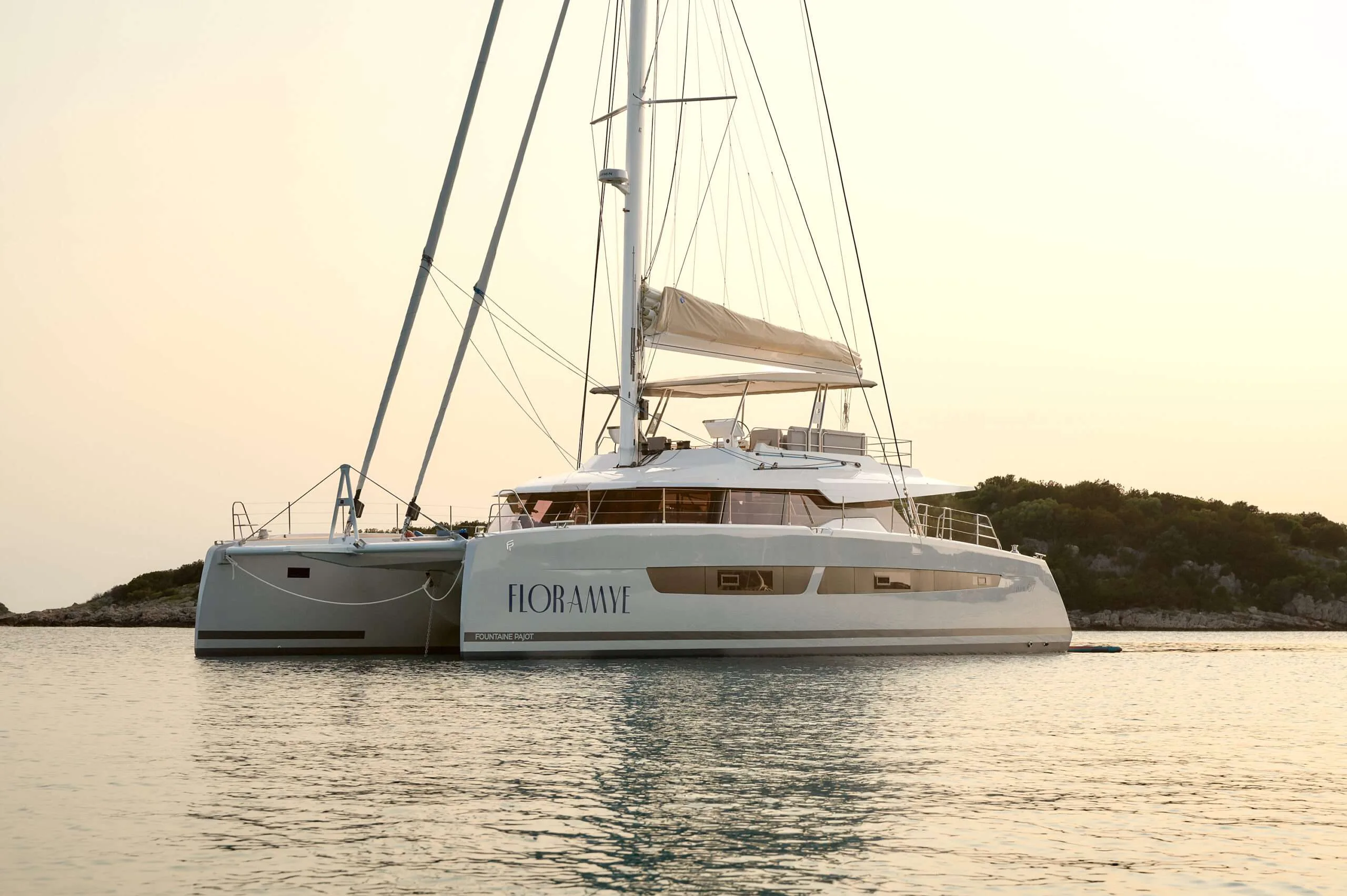 FLORAMYE catamaran anchored in calm water