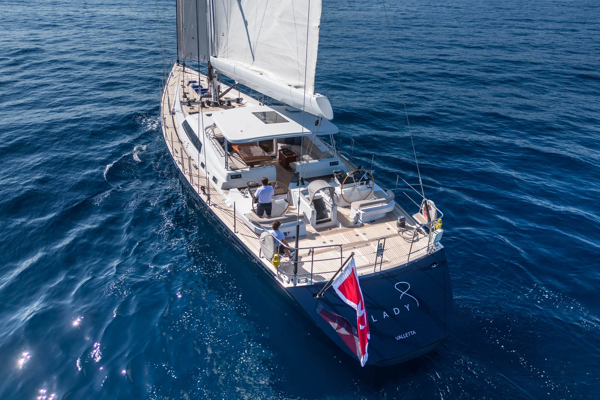 Aerial forward shot of LADY 8 sailing yacht.