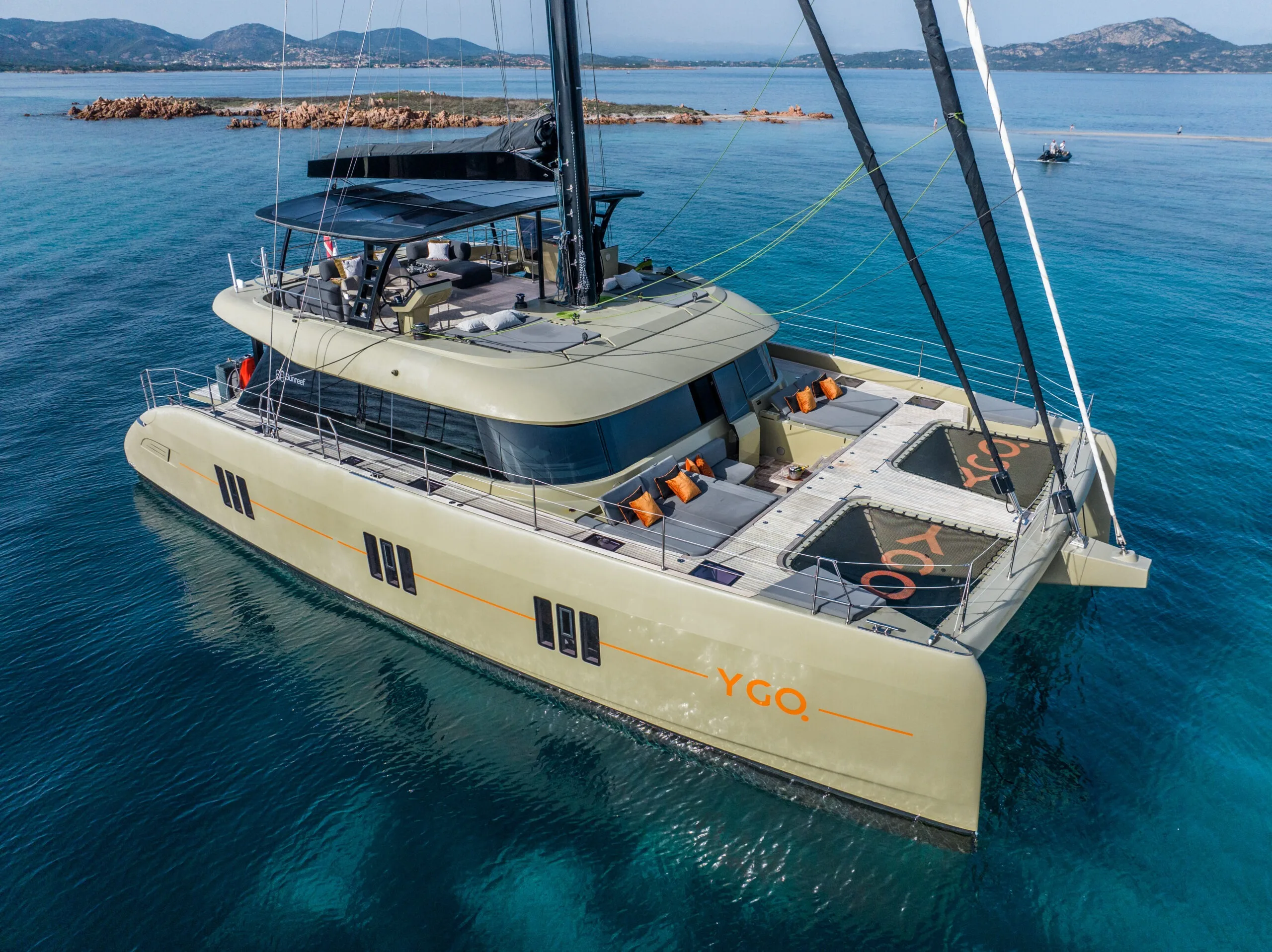 Bow view of YGO. anchored in turquoise water.