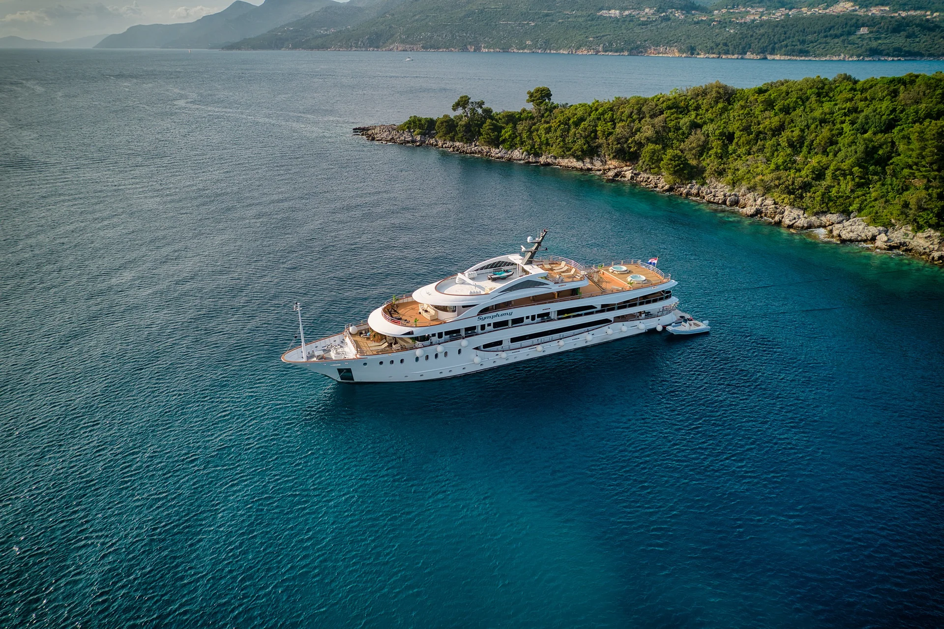 Aerial view of MS SYMPHONY anchored in Croatia.