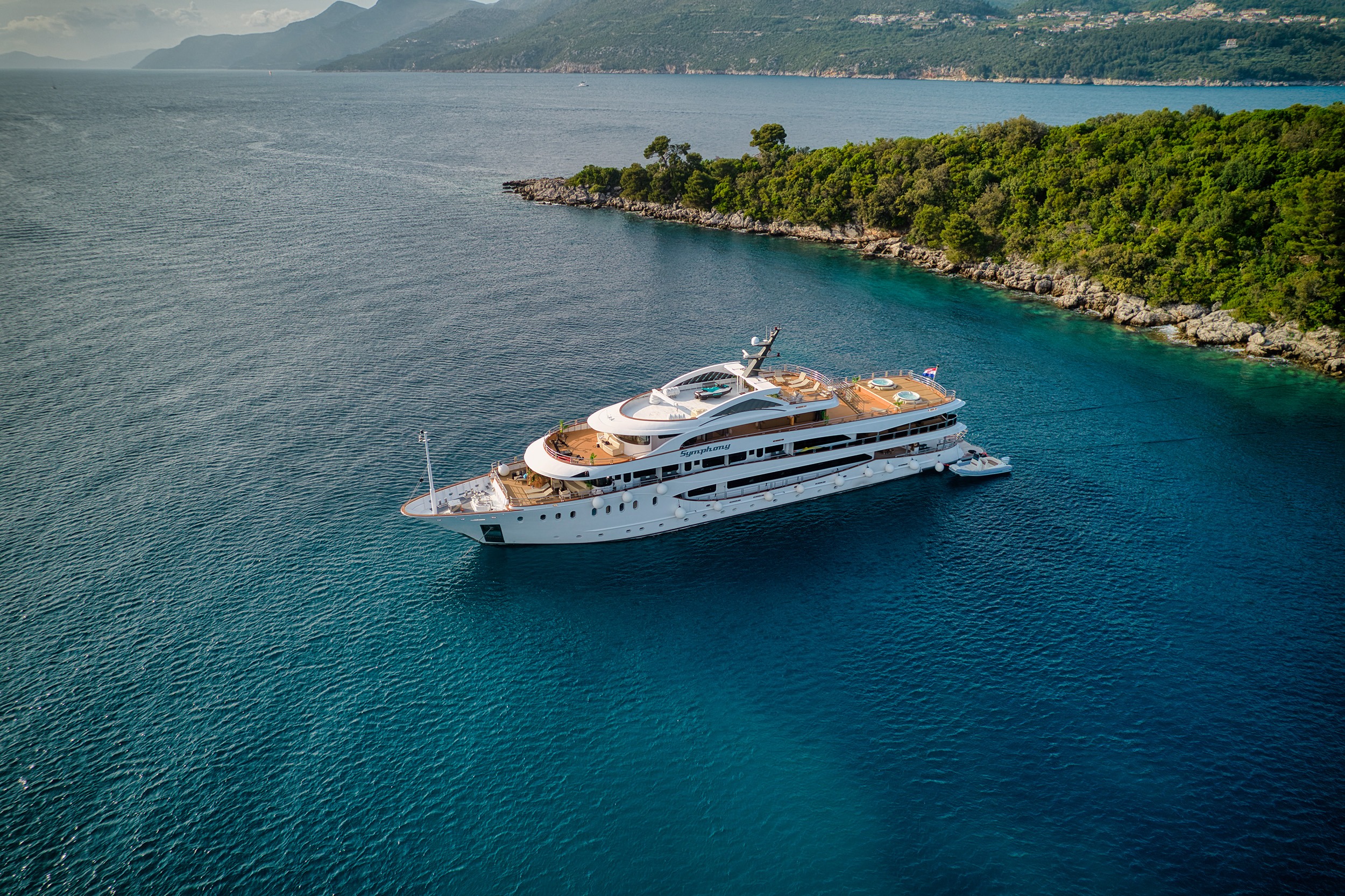 Aerial view of MS SYMPHONY anchored in Croatia.
