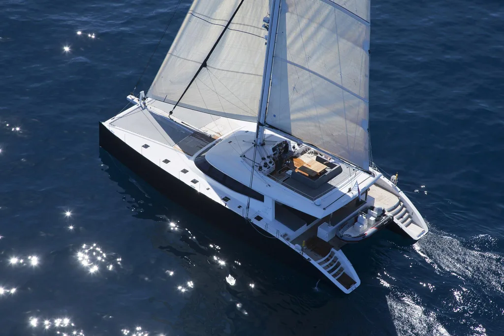 Sunreef 80 LEVANTE sailing under full sail in Malaysia.